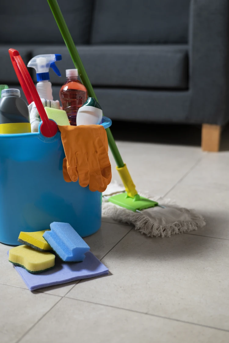 Cleaning supplies and mop on living room floor Cleaning supplies and mop on living room floor