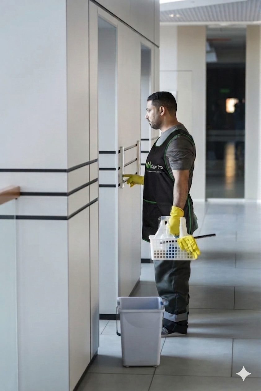 Cleaner carrying cleaning supplies in a modern hallway Cleaner carrying cleaning supplies in a modern hallway