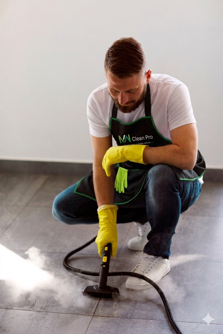 Professional cleaner using steam machine on tiled floor Professional cleaner using steam machine on tiled floor