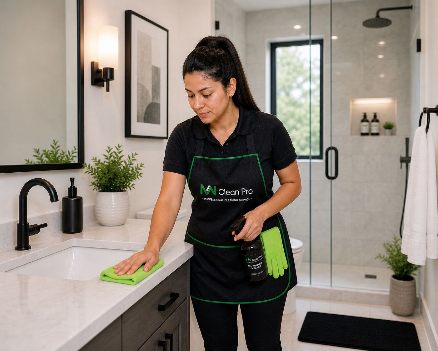 Professional cleaner wiping bathroom countertop with spray bottle