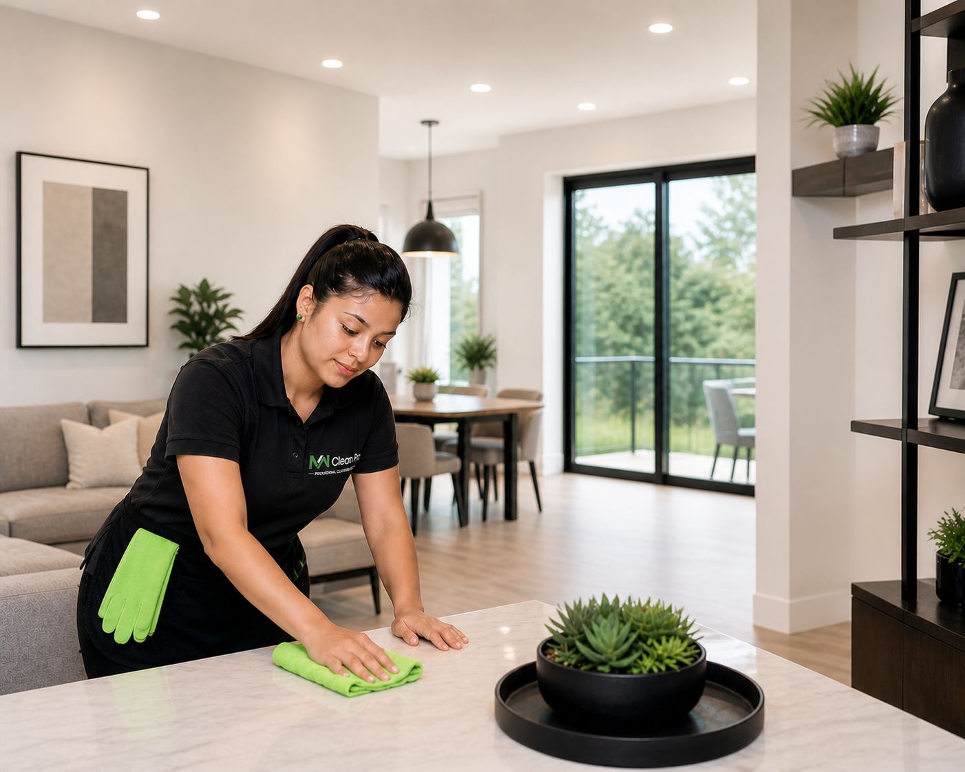Cleaner wiping kitchen counter in a modern living space